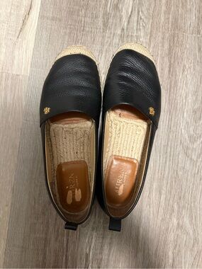 Ralph Lauren Black Leather Espadrilles with Natural Rope Trim